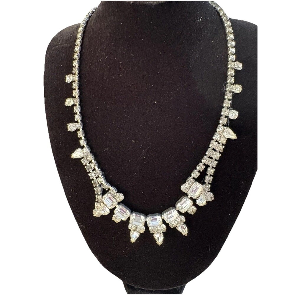 Vintage Garne Rhinestone Necklace Emerald Cut Dangle Silver Tone Statement